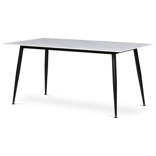 Masă  albă cu efect de marmură, cu blat din ceramică, picioare din metal negru. Dimensiuni: 160x90x76 cm. HT-406
