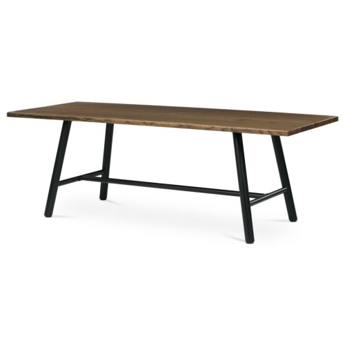 Masă de sufragerie, 220x90cm, furnir, culoare nuc, picioare din metal negru