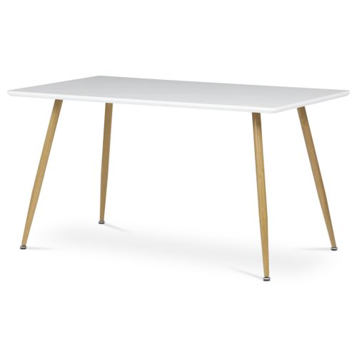 Masă de sufragerie 140x80, MDF, blat alb mat, picioare metalice de culoare stejar