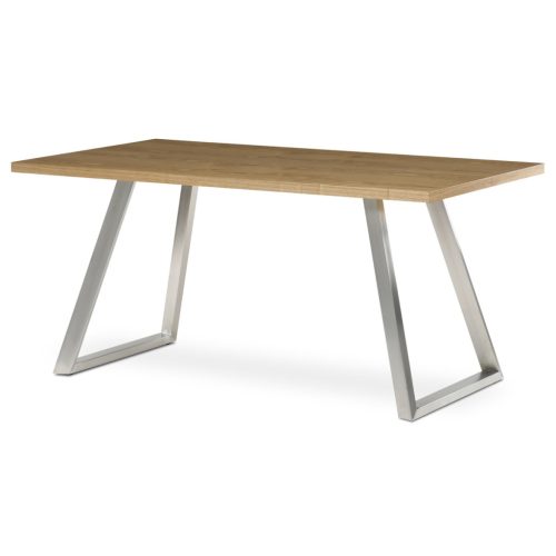 Masă de dining 160x90 cm, MDF + furnir, nuanță stejar, picioare metalice, oțel inoxidabil periat.