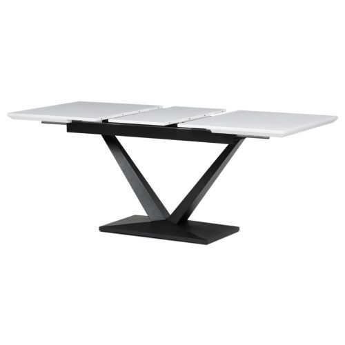 Masă de sufragerie, 140+40x85, cu blat MDF alb mat, picioare metalice negre.