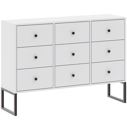 Comodă cu 9 sertare, culoare albă. LINEA 115 cm.