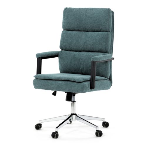 Scaun pivotant de birou, tapițerie din material verde oliv, cruce din metal cromat, structură balansoar, cotiere tapițate