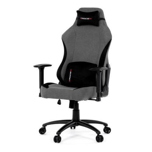 Scaun pivotant pentru gamer, țesătură gri, structură balansoar, poziționare spătar 90°-180°, cotiere 3D, spumă cu memorie și perne