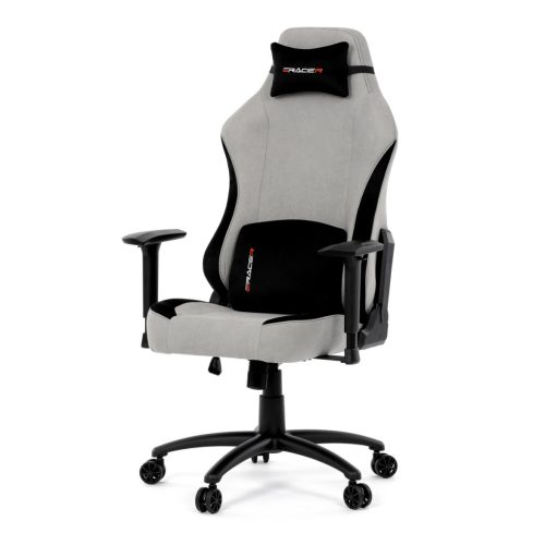 Scaun pivotant gamer, material argintiu, structură balansoar, poziționare spătar 90°-180°, cotiere 3D, perne din spumă cu memorie