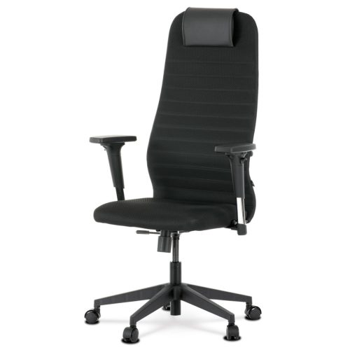 Scaun de birou, tapițat cu material textil negru și piele ecologică, mecanism de balans și brațe 2D.