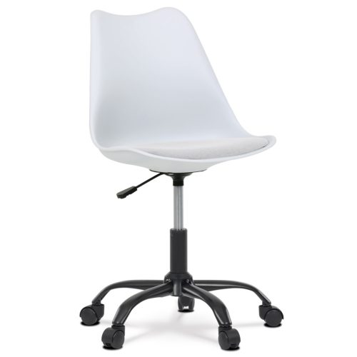 Scaun de birou pivotant, carcasă din plastic alb, scaun din material alb, cruce de metal