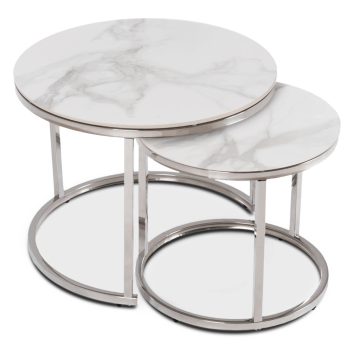 Set măsuțe de cafea ceramice alb marmură/argintiu AMARA