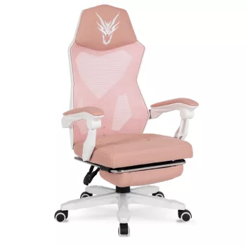   Scaun gaming rotativ cu suport pentru picioare, culoare roz/alb BING