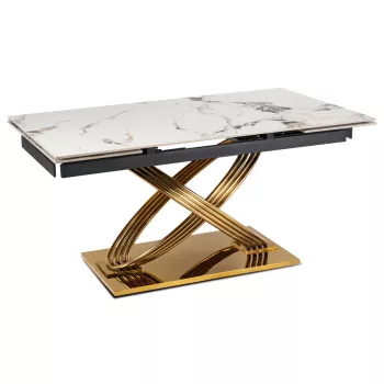   Masă extensibilă dining cu blat ceramic 160–240 cm, culoare marmură albă/auriu IBIZA