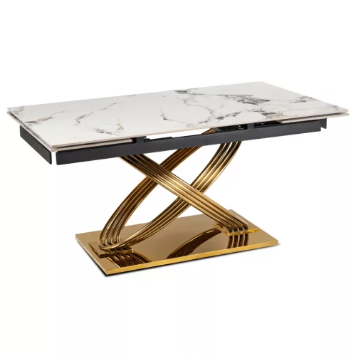 Masă extensibilă dining cu blat ceramic 160–240 cm, culoare marmură albă/auriu IBIZA