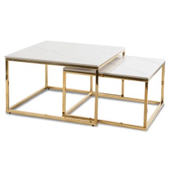   Set măsuțe de cafea ceramic, finisaj marmură albă, cadru auriu TENOR