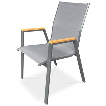   Scaun de grădină textilen gri, cadru metalic gri, cotiere polywood decor stejar