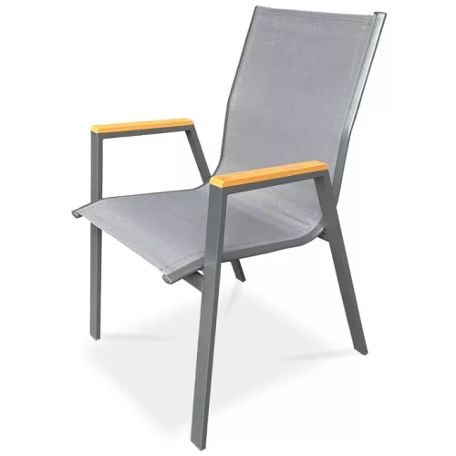 Scaun de grădină textilen gri, cadru metalic gri, cotiere polywood decor stejar