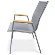 Scaun de grădină textilen gri, cadru metalic gri, cotiere polywood decor stejar