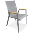 Scaun de grădină textilen gri, cadru metalic gri, cotiere polywood decor stejar