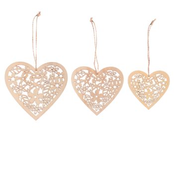   DECORAȚIE SUSPENDATĂ  INIMĂ,FLOARE  CULOARE LEMN NATUR 3BUC/SET