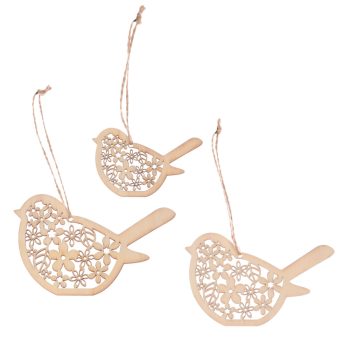   Pasări Suspendate Din Lemn ,  Decorație De Primăvară Cu Motive Florale, Culoare Lemn Natur  3Buc/Set
