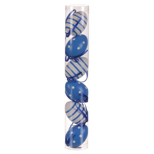 DECORAȚIE DE PAȘTE  OUĂ DE PLASTIC SUSPENDATE CULORI ALB/ALBASTRU , MODEL DUNGATE SAU PĂTATE  6BUC/SET