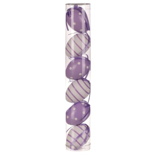 DECORAȚIE DE PAȘTE  OUĂ DE PLASTIC SUSPENDATE CULORI ALB/MOV ,MODEL DUNGATE SAU PĂTATE   6BUC/SET