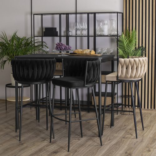 Scaun de bar elegant cu tapițerie din catifea neagră și picioare din metal negru FLORES
