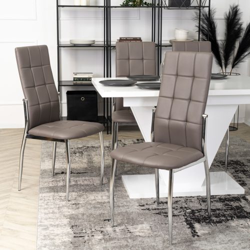 Scaun de sufragerie elegant cu tapițerie gri din piele ecologică și picioare cromate. MOLLY