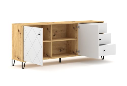 Comodă BILBAO BL06, 2 uși / 3 sertare, stejar artisan / alb mat
