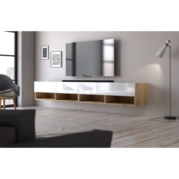   Comodă TV 200 cm, 2 uși, culoare stejar wotan/alb lucios DERBY
