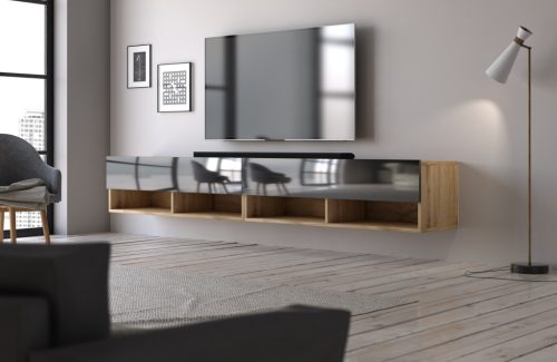 Comodă TV 200 cm, 2 uși, culoare stejar wotan/negru lucios DERBY