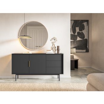   Comodă VIVA VI02 cu 2 uși și 3 sertare, 154 cm – negru / negru lucios / mânere aurii