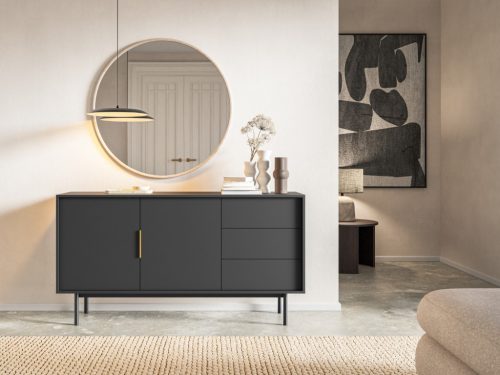 Comodă VIVA VI02 cu 2 uși și 3 sertare, 154 cm – negru / negru lucios / mânere aurii