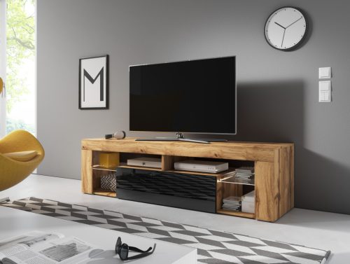 Comodă TV Everest 140 (Hugo) stejar Wotan/negru lucios cu LED, 1K