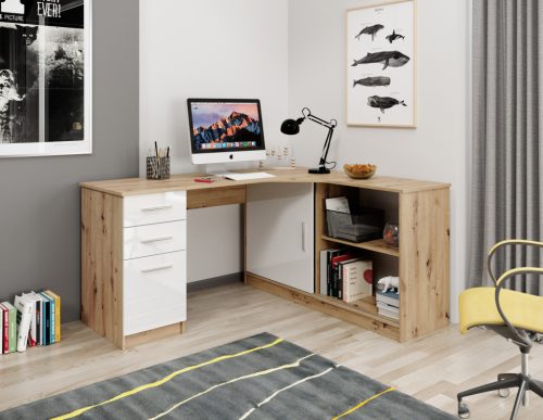 Birou în culoarea stejar Artisan / alb lucios. Polița poate fi montată exclusiv pe partea stângă. Grosimea plăcii de mobilier: 18 mm